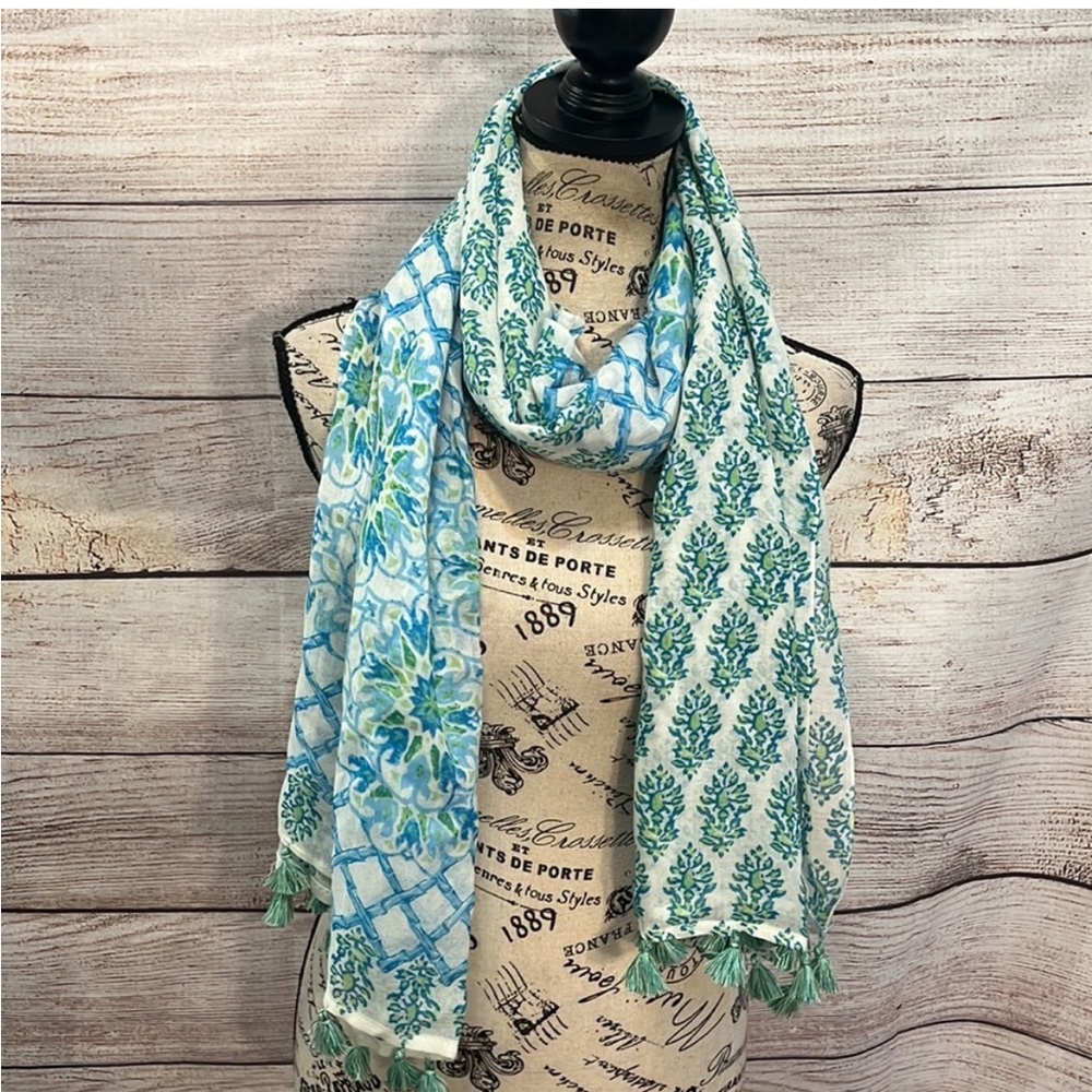 J. McLaughlin | NWT | Postcard Scarf with Tassels  Blue & White | One Size